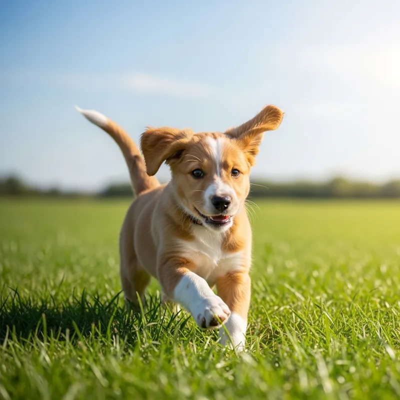 Cute Puppy Playing Happily in Green Field