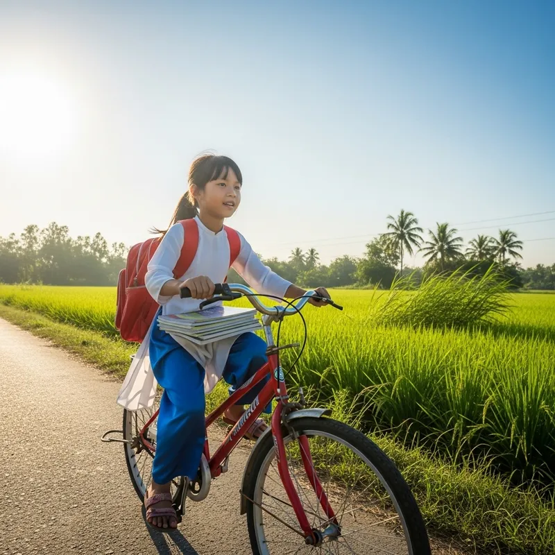 Lan Rides Her Bike to School in Vietnam