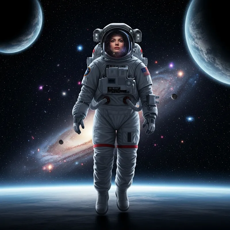 Realistic Woman Walking in Outer Space - Surreal Astronaut Artwork Realistic Woman Walking in Outer Space - Surreal Astronaut Artwork