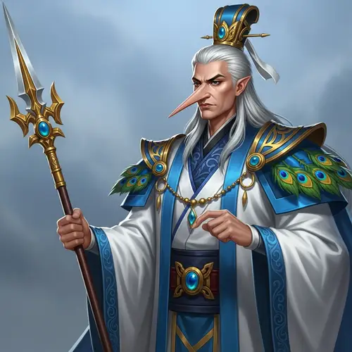 Asian Man in Elaborate Royal Garments Holding Spear