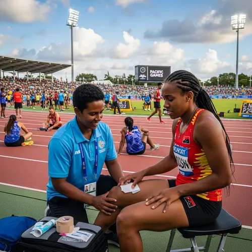 Sports Medicine Doctor Caring for Melanin-Rich Track Athlete at Pacific Games