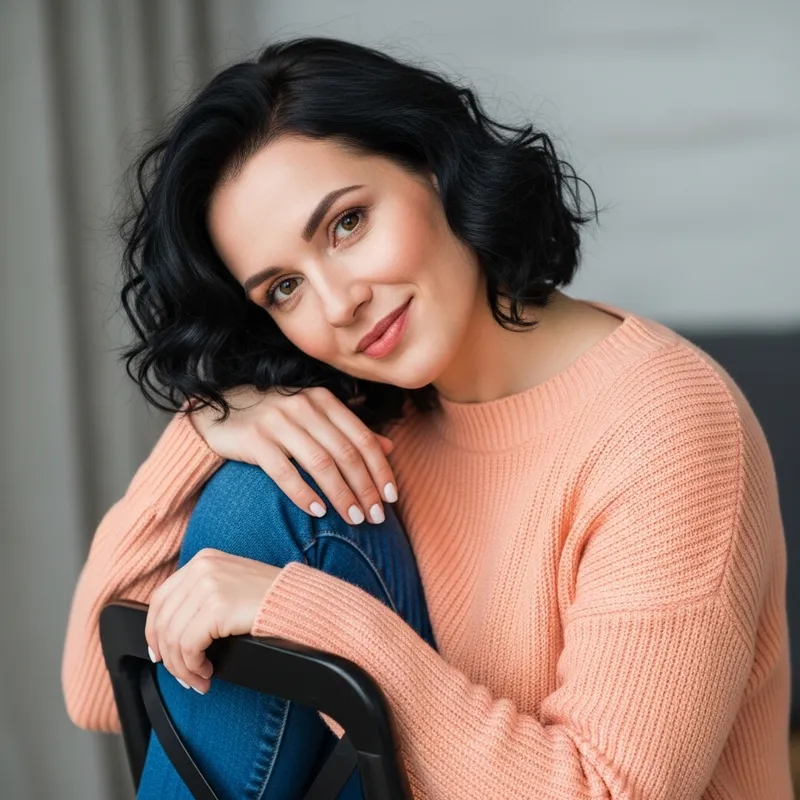 Female with Light Peach Skin and Brown Eyes Sitting on Chair