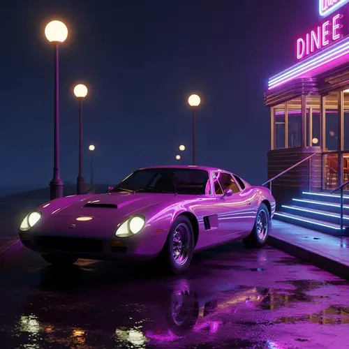 Neon Retro Sports Car in Urban Setting at Night