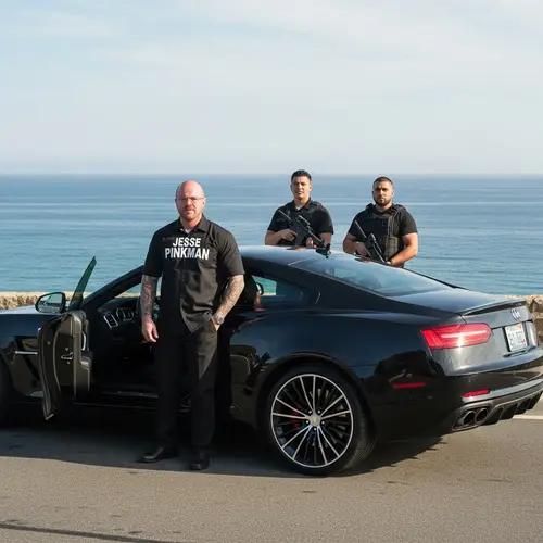 Scenic Ocean View with Luxury Car and Jesse Pinkman Shirt