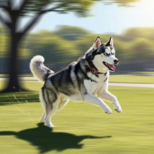 Playful Husky Running Joyfully in Sunlit Park