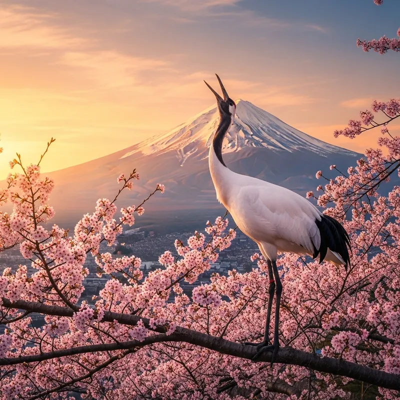 Serenity of the Crane: Cherry Blossom Japanese Landscape