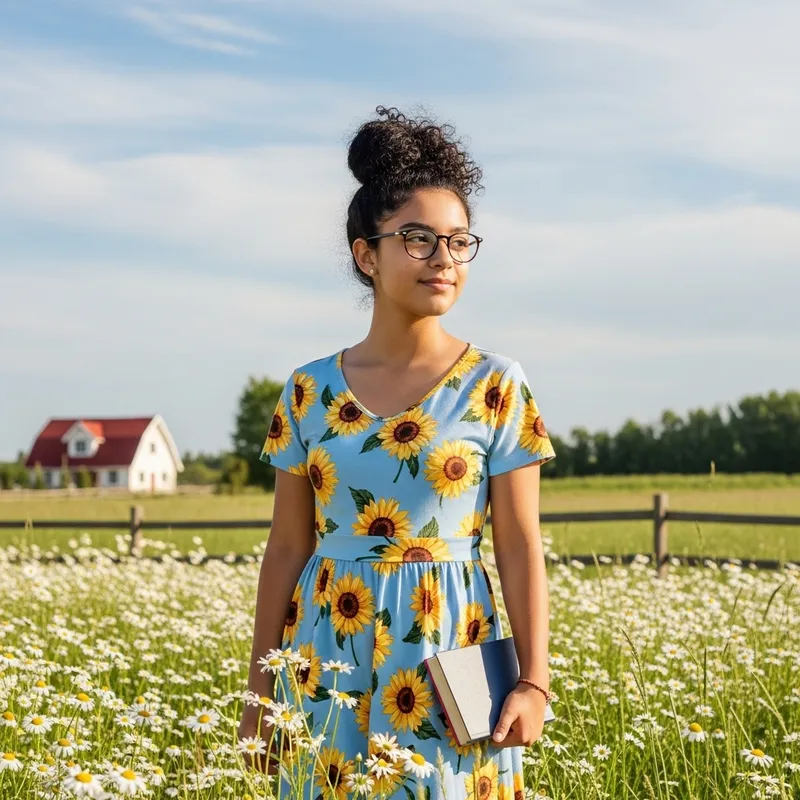 Charming 14-Year-Old Hispanic Girl with Curly Hair in Sunflower Patch Charming 14-Year-Old Hispanic Girl with Curly Hair in Sunflower Patch