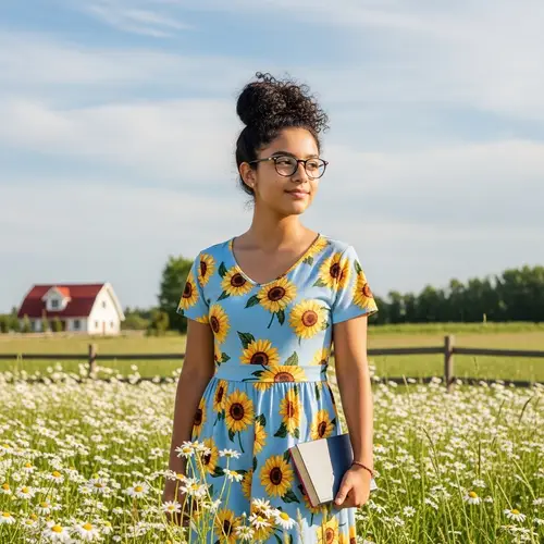 Charming 14-Year-Old Hispanic Girl in Sunflower Print Dress