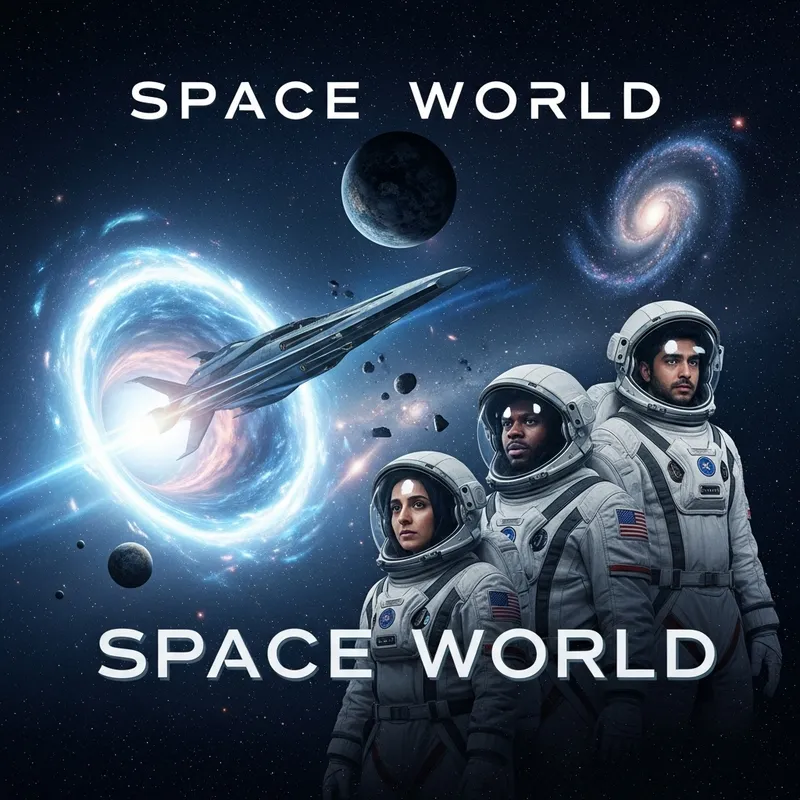 Innovate a Movie Poster for 'Space World' - Sci-Fi Genre with Diverse Astronauts