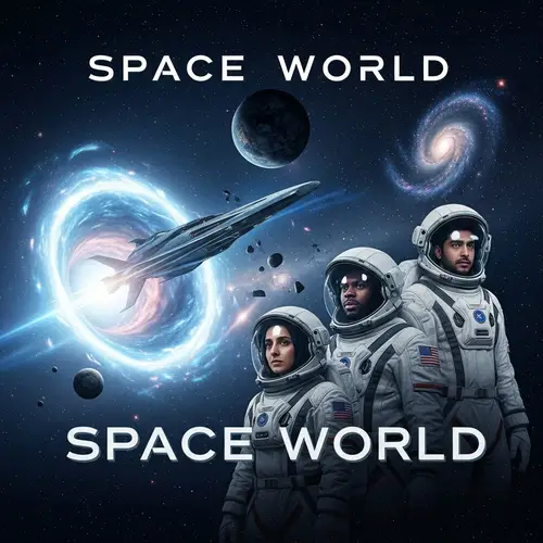 Space World - Sci-Fi Movie Poster with Futuristic Spaceship & Diverse Astronauts