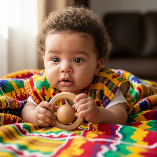 Adorable African Baby in Traditional Clothing with Wooden Rattle