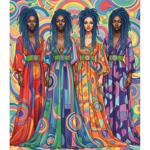 Intricate Watercolor Painting of Four Elegant Biracial Female Figures