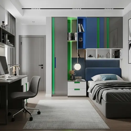 Sophisticated Modern Dormitory Room in Graphite Gray with Electric Green Accents