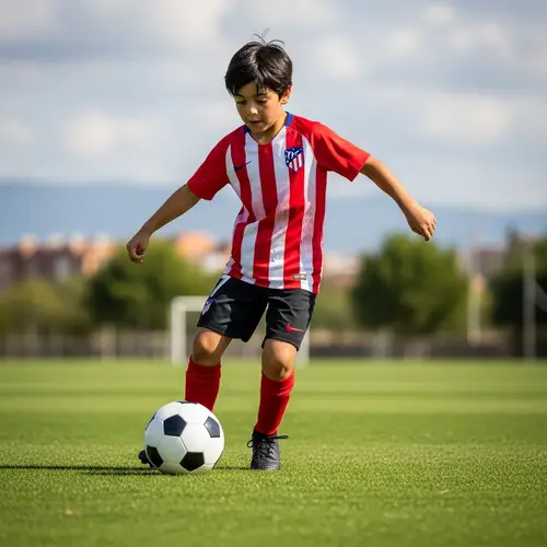 Hispanic Boy Playing Soccer in Red Stripe Jersey | Madrid Inspired
