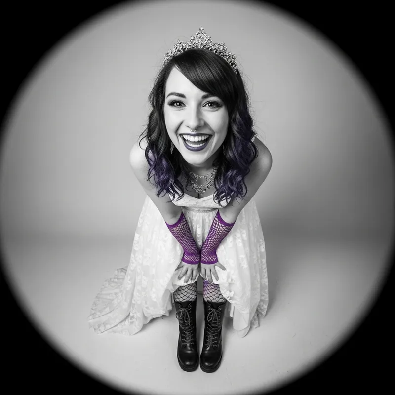 Unique Black and White Portrait of a Joyous Geek Woman