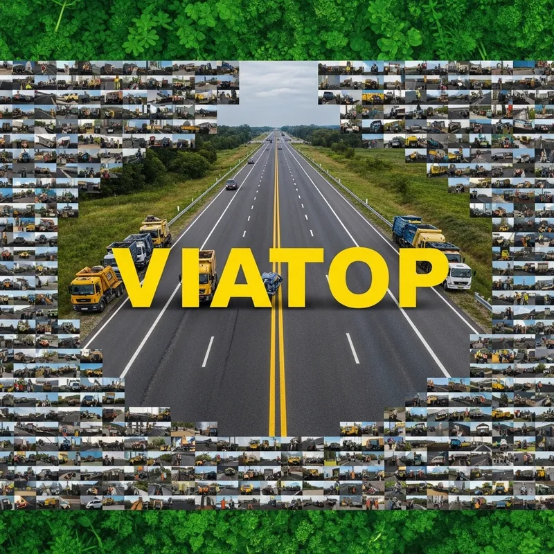 VIATOP: Road Mosaic with Trucks, Asphalt & Green Background
