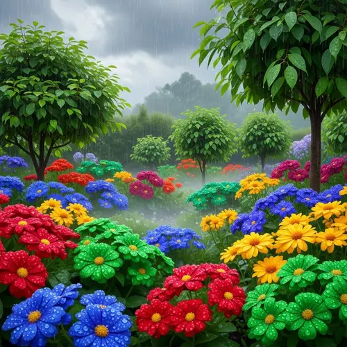 Lush Garden Amid Silver Rain - Vibrant Flowers and Greenery