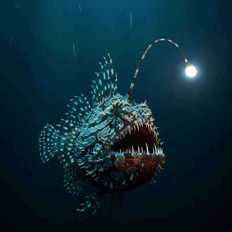 Angler Fish with Wide Open Jaw in Deep Sea Scene