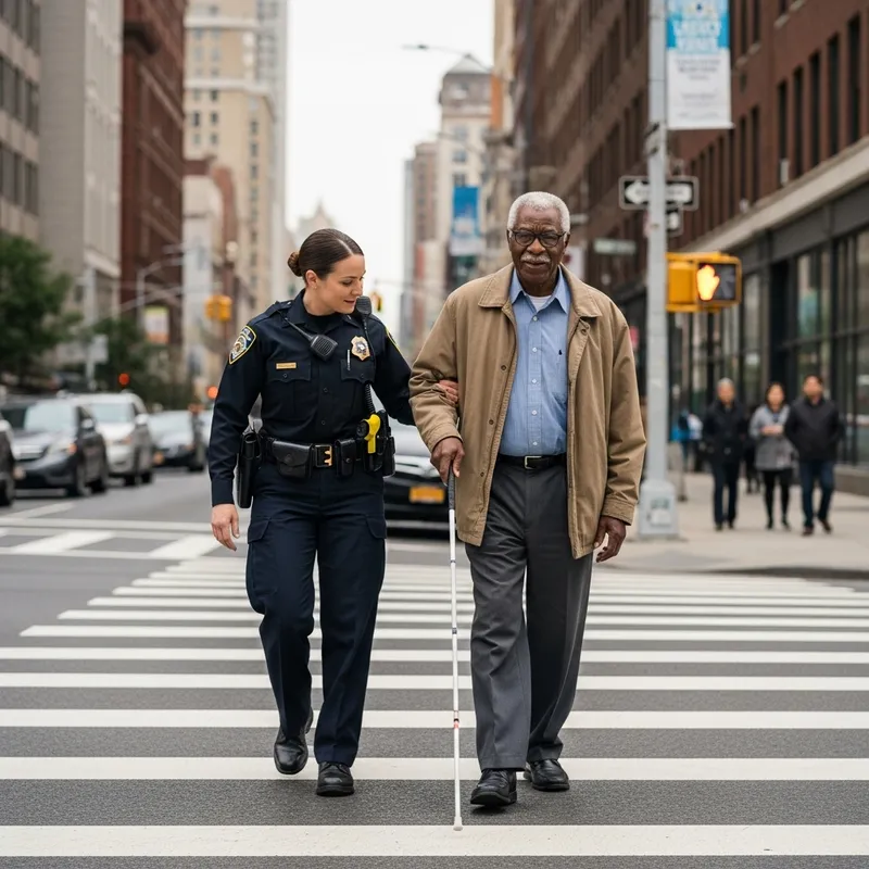Police Officer Guides Blind Man Safely Across Street