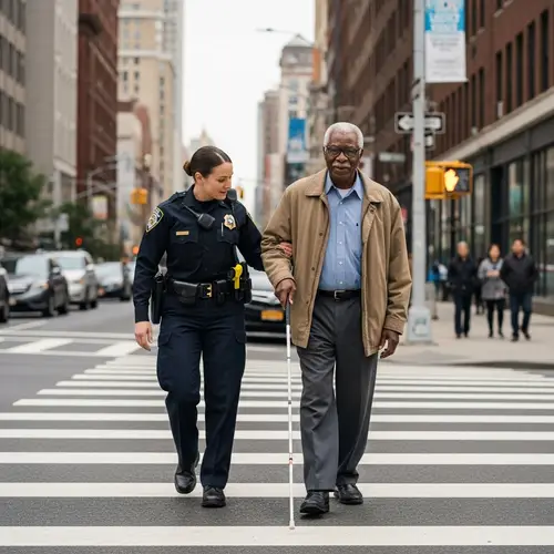 Kind Policewoman Assists Elderly Visually Impaired Man Crossing Street
