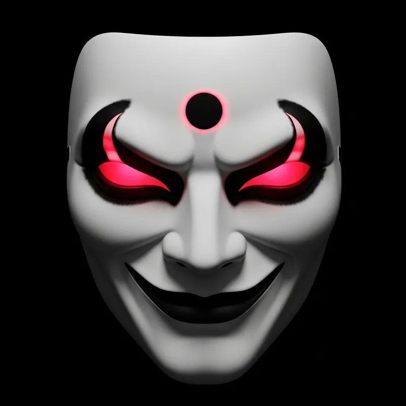 White Theatrical Mask with Glowing Red Crescent Eyes | Male Masquerade Charm