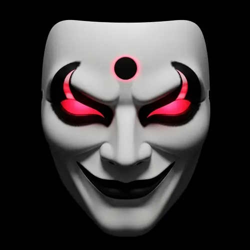 White Theatrical Mask with Glowing Red Crescent Eyes