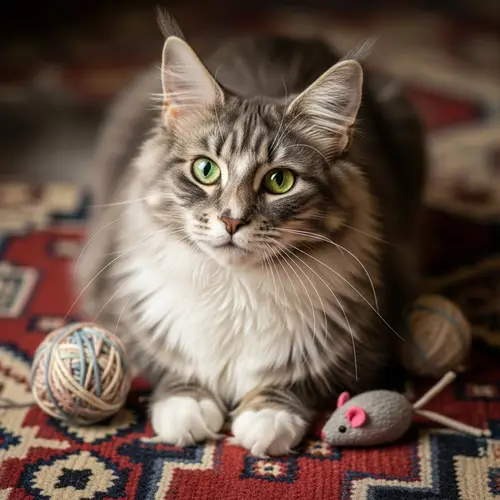 Fluffy Maine Coon Cat with Bright Green Eyes on Colorful Carpet