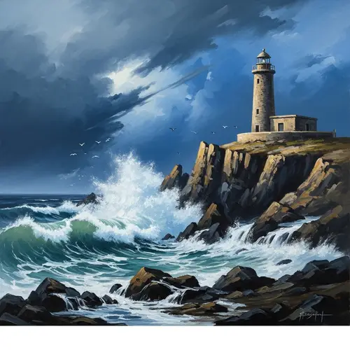 Dramatic Lighthouse Oil Painting on Rugged Cliff
