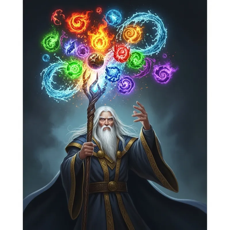 Colorful Elemental Magic from Elderly Wizard's Staff Colorful Elemental Magic from Elderly Wizard's Staff
