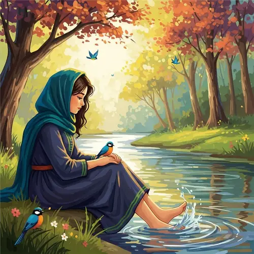 Tranquil Scene: Young Girl by River Amid Birds and Trees