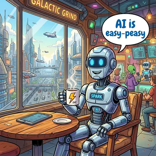 Sci-Fi Cartoon Coffee Shop with a Robot Twist