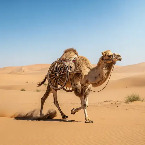 Running Camel with Wheel - Surreal Desert Scene