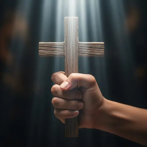 Diverse Human Hand Clutching Wooden Cross