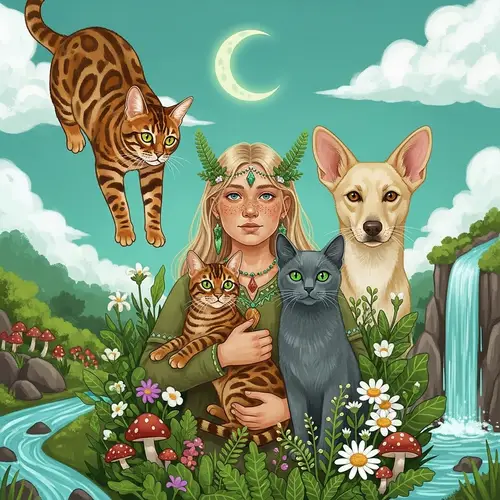 Bengal Cat and Shaman Woman in a Green World