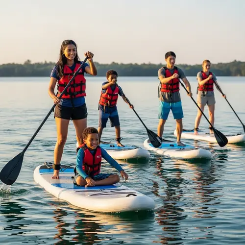 Diverse Group Enjoying Paddleboarding on Tranquil Lake