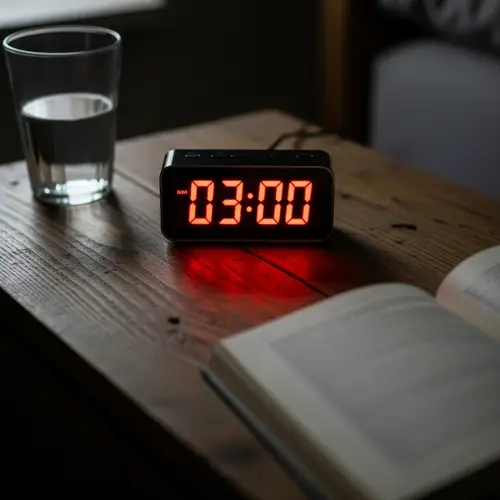 Digital Alarm Clock on Wooden Bedside Table | 03:00 Display