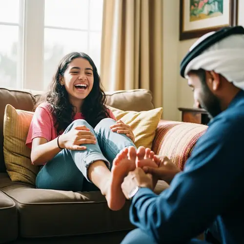 Playful Latina Teenage Girl on Cozy Couch | Heartfelt Moment Captured