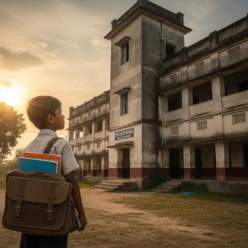 Hopeful South Asian Boy Gazing at Cherished School Building