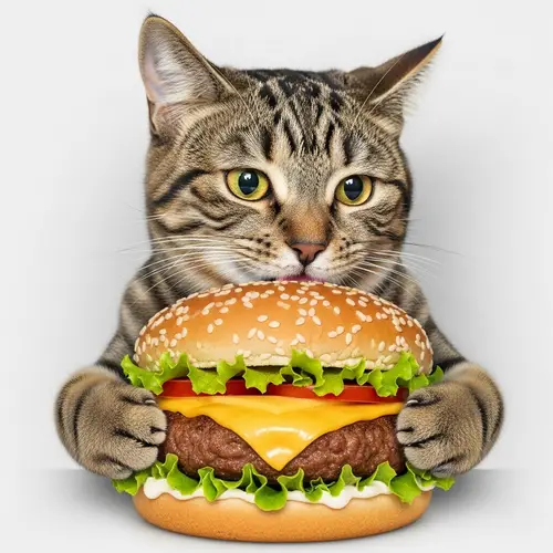 Adorable Tabby Cat Eating Hamburger