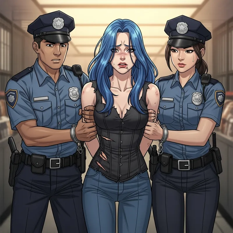 Blue Haired Woman in Distress - Arrested - Manhwa Style Art