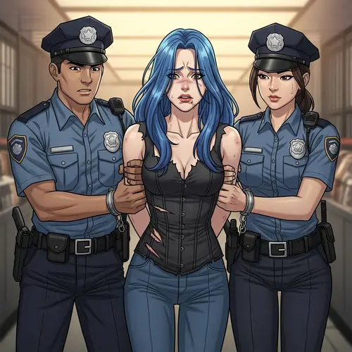 Blue Haired Woman Arrested - Manhwa Style Image