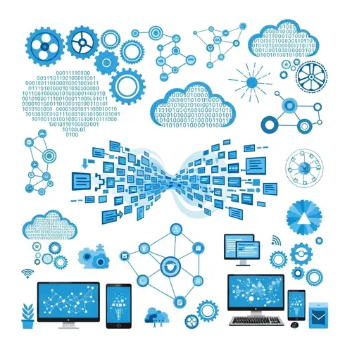 Digital Transformation Illustration with Gears, Binary Codes, and Networks