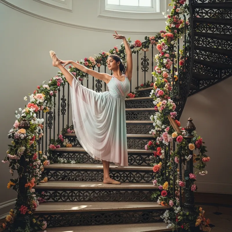 South Asian Gymnast in Pastel Dress on Vintage Floral Staircase