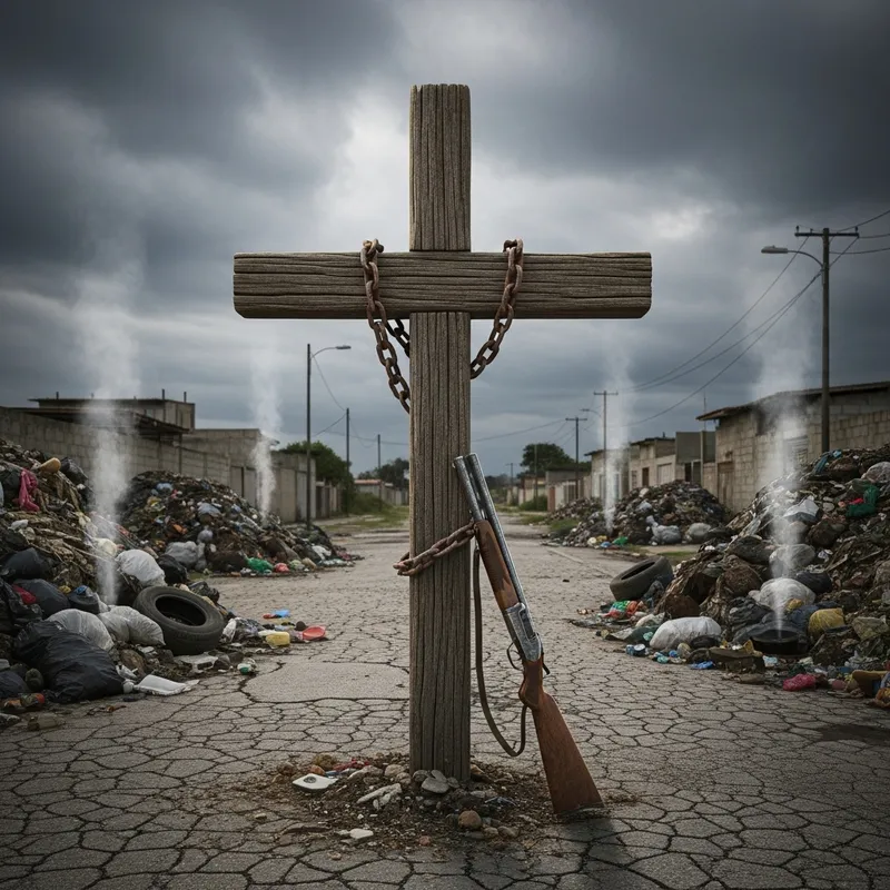 Haunting Visual of Wooden Cross and Shotgun in Worn-out Street