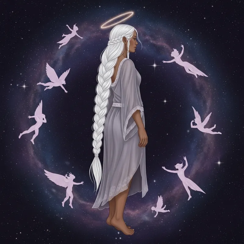 Beautiful White-Haired Woman in Ethereal Attire, Cosmos Background