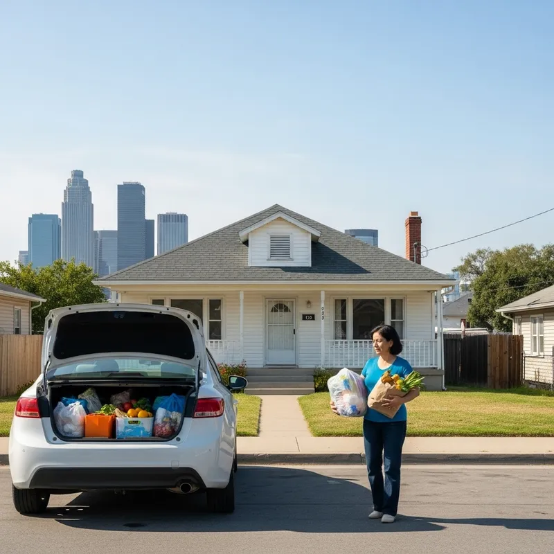 Woman Unloading Fresh Groceries at City House with Car Woman Unloading Fresh Groceries at City House with Car