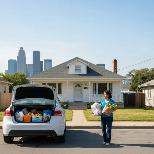 Urban House Scene with Woman Unloading Groceries | City Skyline View