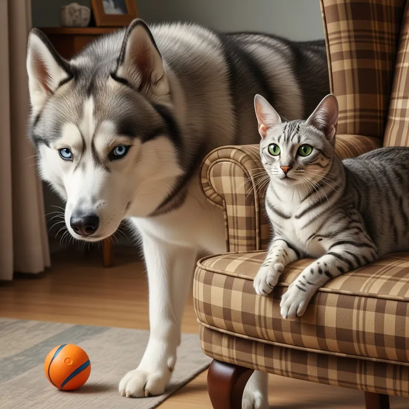 Siberian Husky and Egyptian Mau in Living Room Siberian Husky and Egyptian Mau in Living Room