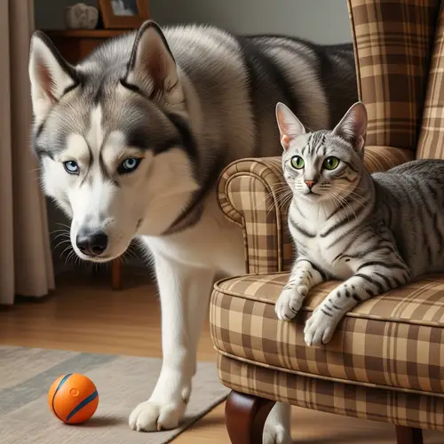 Siberian Husky and Egyptian Mau Friendship | Living Room Scene