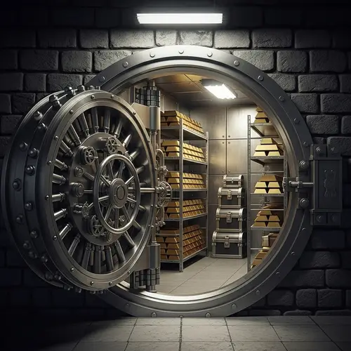 Detailed Image of Metal Vault Door with Rotating Lock Mechanism